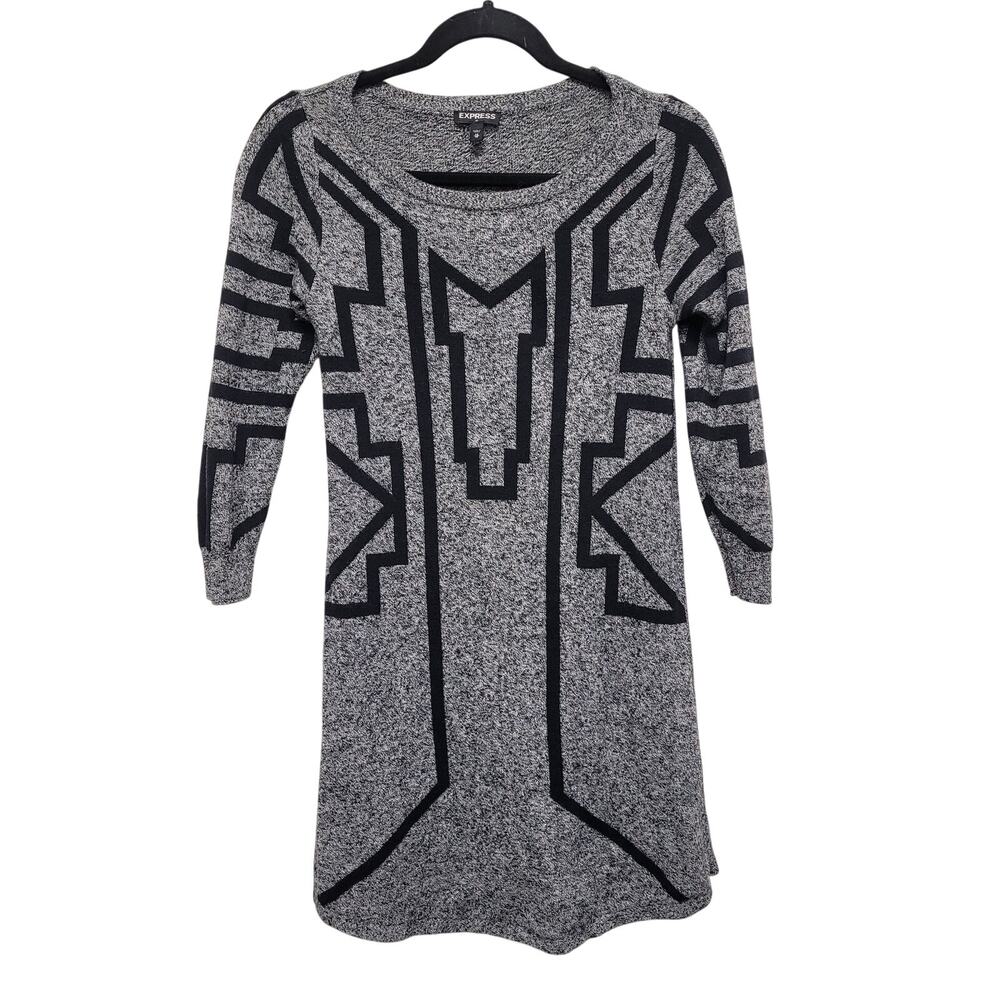 Express Grey Black Geometric Knit Sweater Dress Size XS Tunic Fall Cozy Y2K